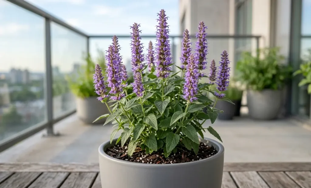 anise hyssop agastache herb with purple flower spikes in grey ceramic pot on west facing balcony