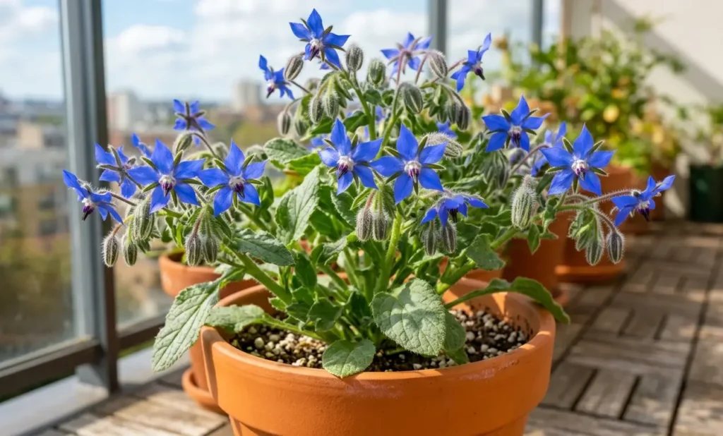 borage herb plant with electric blue star shaped flowers in terracotta pot on balcony