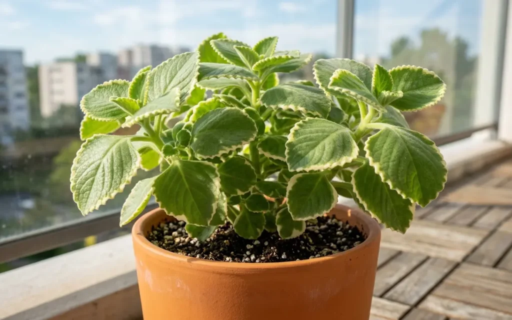 cuban oregano plectranthus herb with thick fleshy scalloped leaves in terracotta pot on balcony