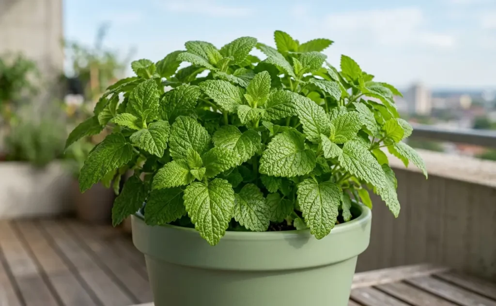 lemon balm herb plant with crinkled heart shaped green leaves in sage green pot on balcony