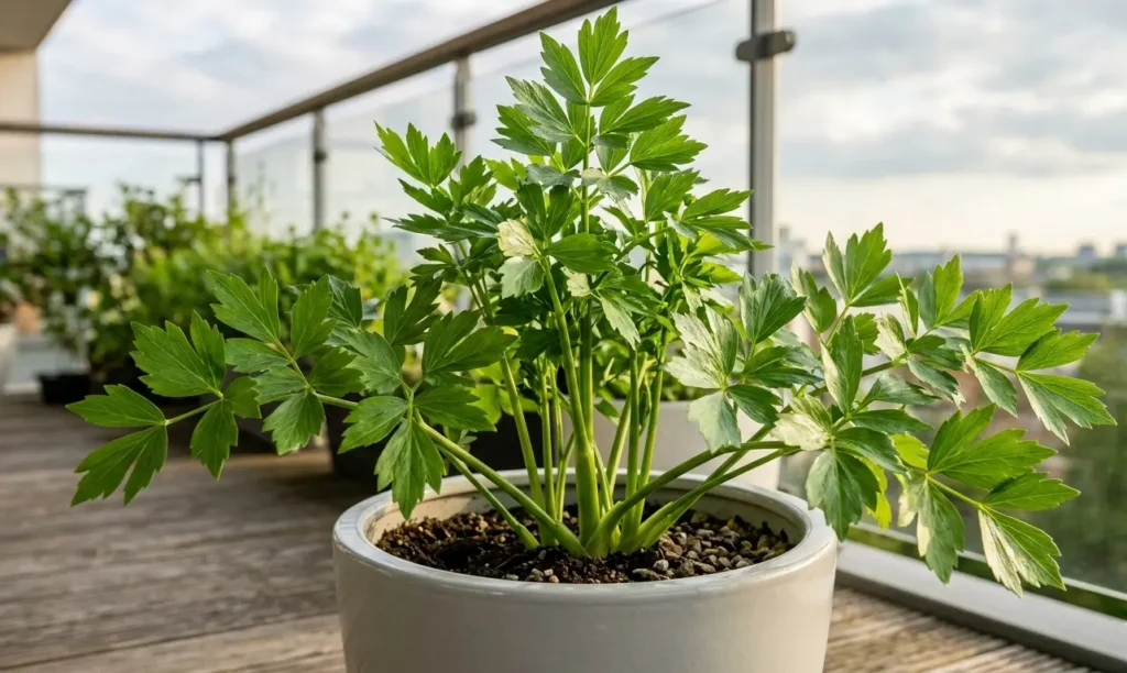lovage herb plant with large glossy green leaves in ceramic pot on sunny balcony