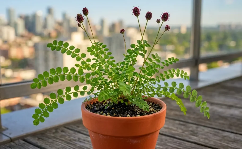 salad burnet herb plant with delicate fernlike leaves in terracotta pot on balcony