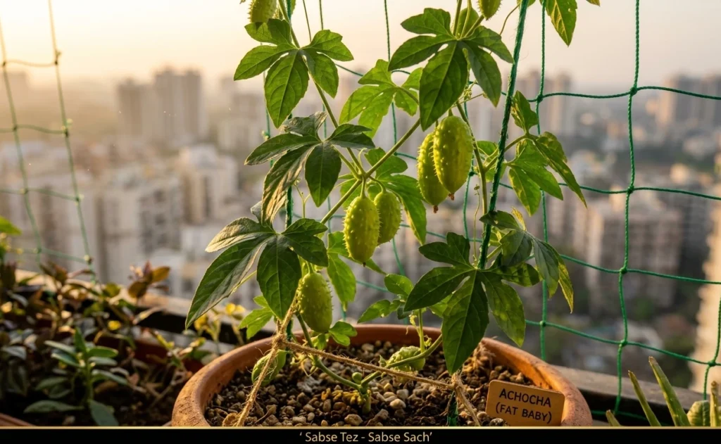Exotic Achocha (Fat Baby) vines with spiky green fruits growing in a container garden during golden hour.