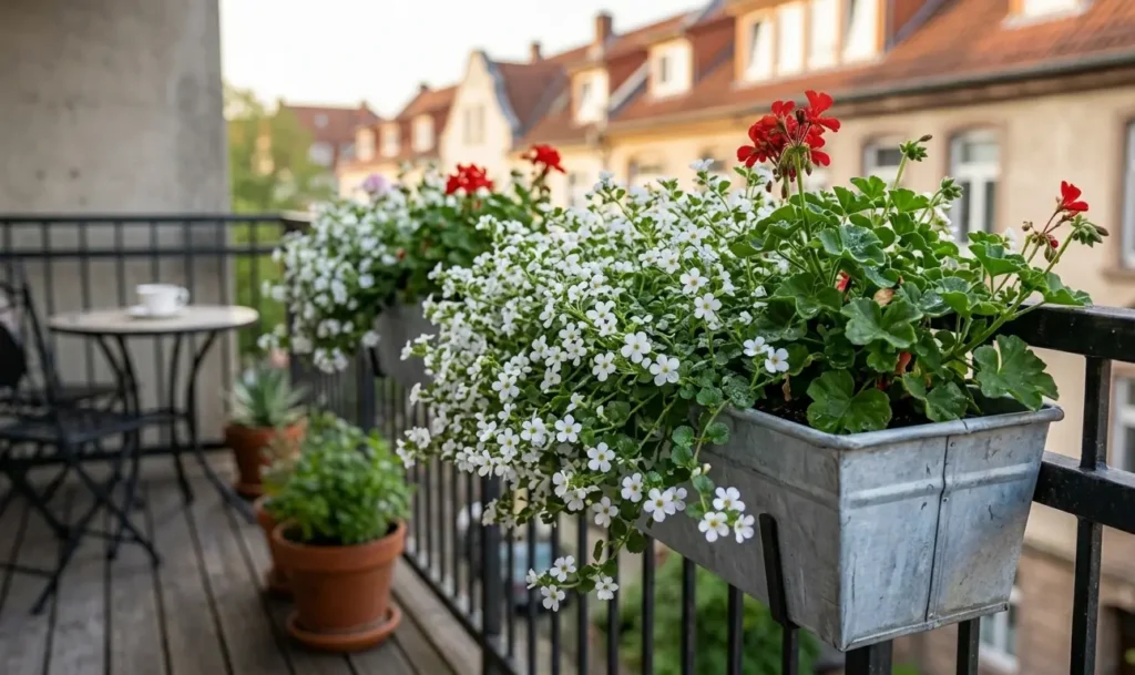 Delicate white Bacopa (Sutera) flowers trailing from a zinc metal planter box on a balcony, paired with red accents and a blurred street view.