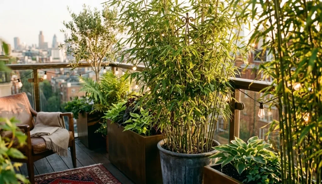 Fast-growing clumping bamboo plants in large grey pots providing a dense natural privacy screen on a modern apartment balcony with city views.