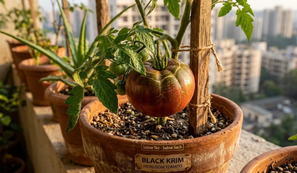 Large heirloom Black Krim tomato ripening in a terracotta pot on a balcony with a city skyline background.