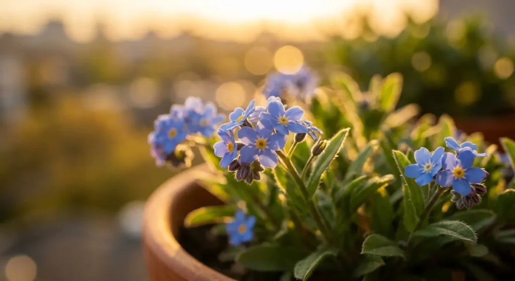 Close-up of Blue Myosotis 'Victoria Blue' (Forget-Me-Not) flowers blooming in golden hour sunlight on a balcony garden.