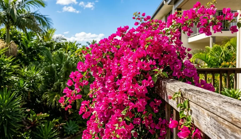 Vivid pink Bougainvillea flowers cascading over a wooden balcony railing.