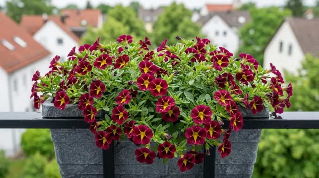 Close-up of deep maroon and yellow star-patterned Calibrachoa (Million Bells) flowers overflowing from a grey stone-textured balcony planter with a blurred European town background