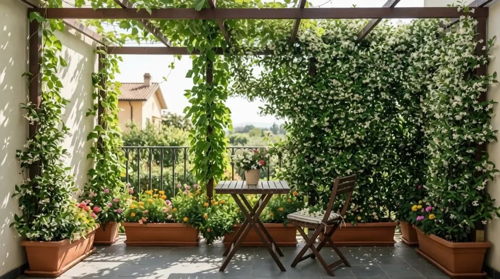Fragrant white Star Jasmine climbing on a wooden trellis to create a vertical green wall and full coverage privacy screen for a cozy balcony setup.