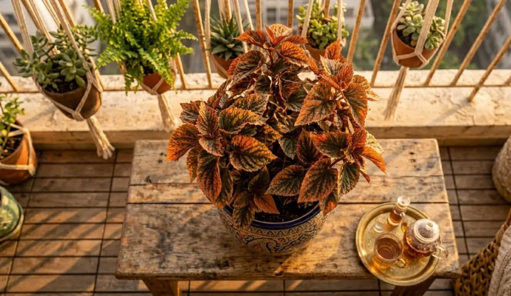 Lush Copper Leaf (Acalypha Wilkesiana) plant with reddish-bronze foliage in a decorative pot on a west-facing terrace.