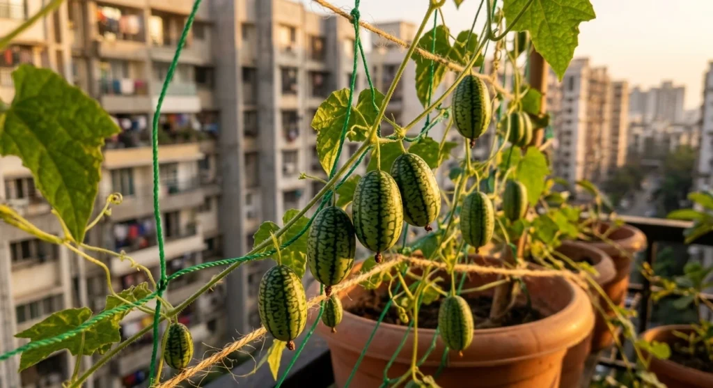 Tiny Mexican Sour Gherkins (Cucamelons) hanging from vines on a trellis in an urban balcony garden at sunset.