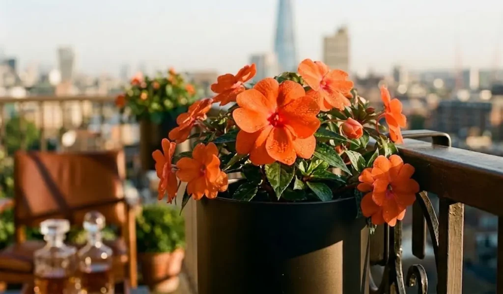 Bright 'Electric Orange' SunPatiens blooming in a black pot, a heat-resistant plant for scorching summer balconies.