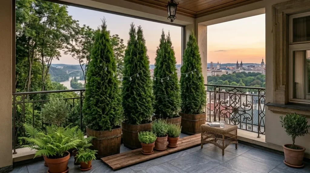 Columnar Emerald Green Arborvitae evergreen trees in wooden barrels arranged as a thick living wall for year-round balcony privacy screening.