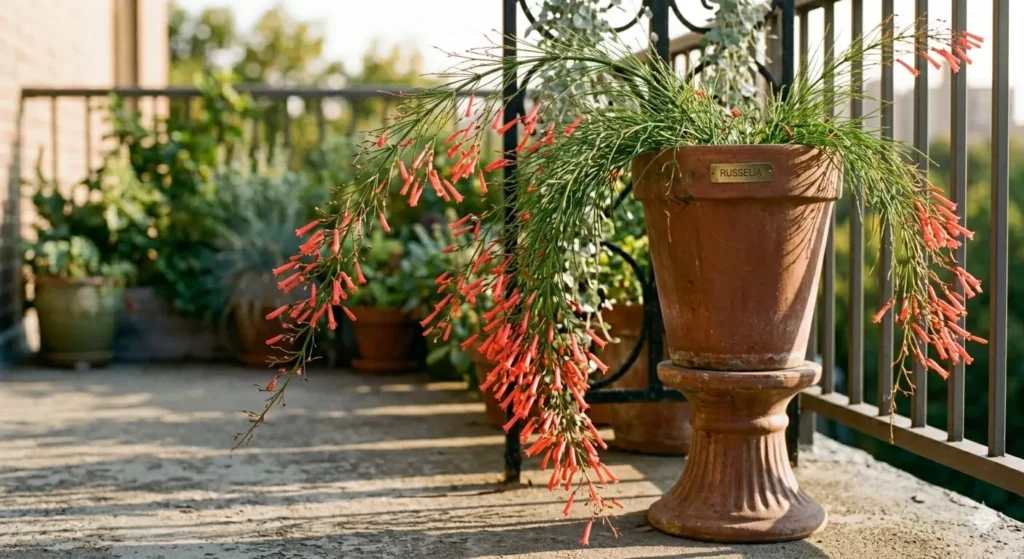 Cascading Firecracker Fern (Russelia) with tiny red tubular flowers in a tall stone planter on a hot balcony.