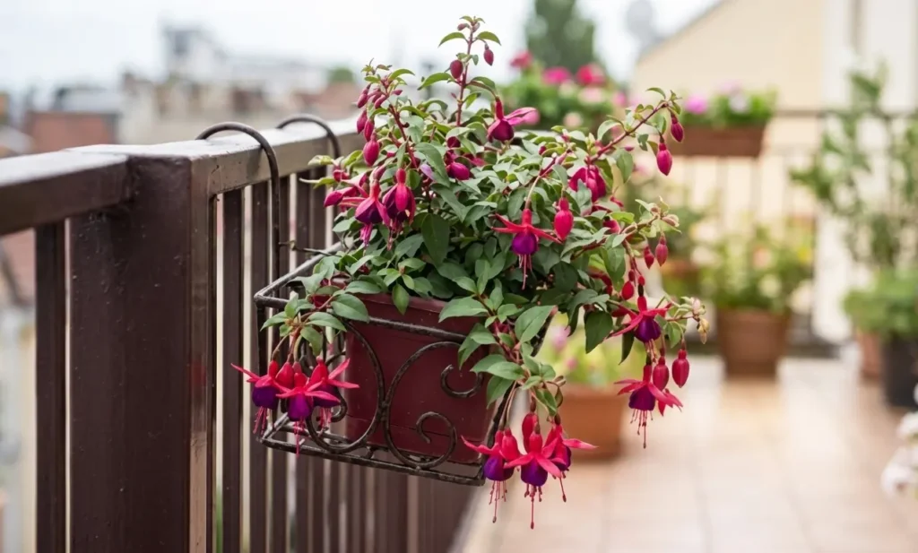 Elegant pink and purple Fuchsia flowers with a unique bell shape hanging from a decorative metal planter attached to a dark balcony railing.