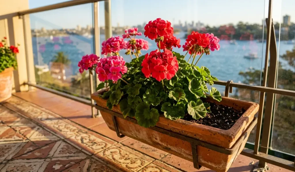Red Geranium flowers in a terracotta planter box on a sunny Sydney balcony.