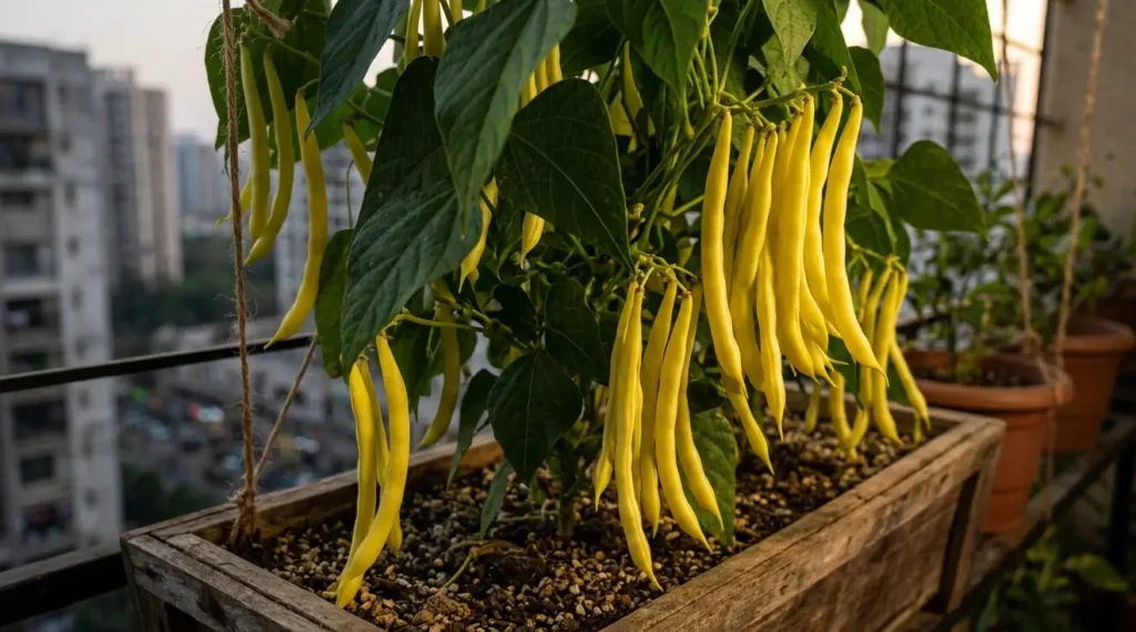 Long yellow wax beans hanging from a dense green plant in a wooden planter box on an urban balcony.