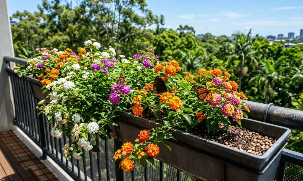 Multi-colored Lantana flowers in shades of purple, orange, and yellow in a balcony planter box with butterflies landing on them against a lush green forest background.