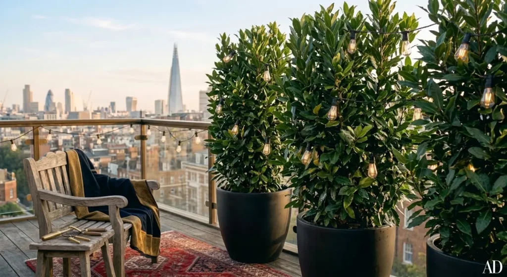 Glossy dark green Laurel shrubs in large black planters with decorative string lights providing an opaque privacy fence on an urban rooftop balcony.