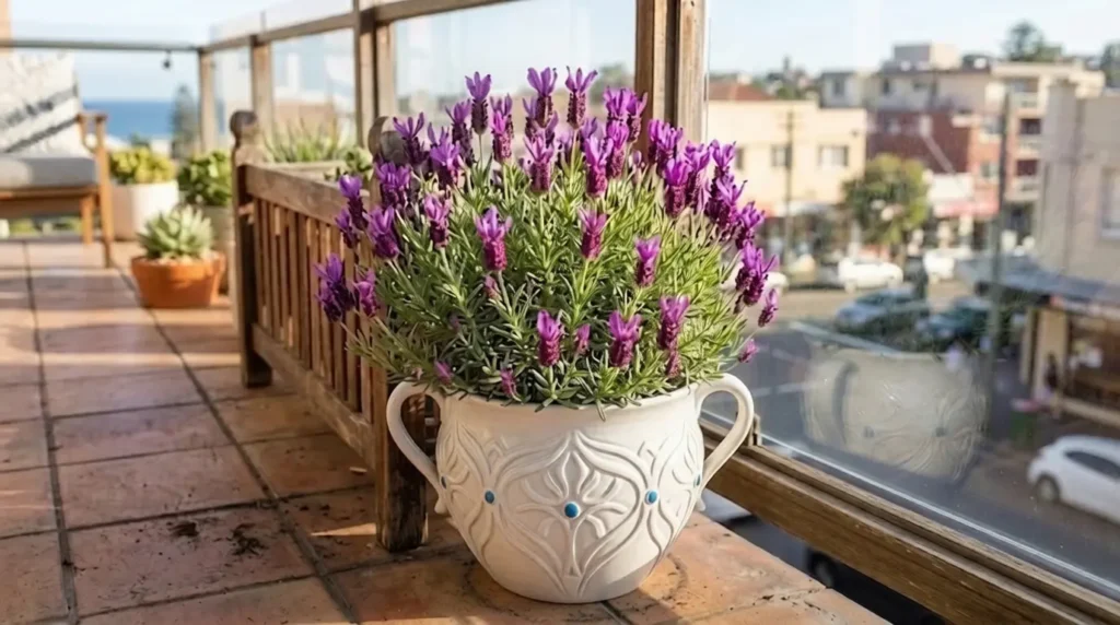French Lavender plant in decorative white pot for balcony garden styling.