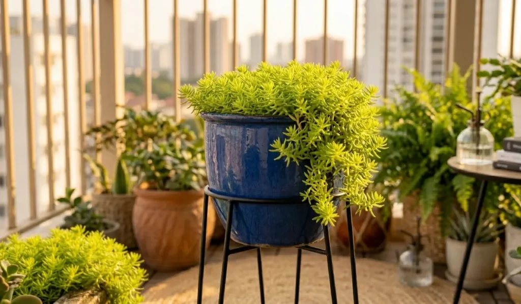 Neon-yellow 'Lemon Coral' Sedum succulent spilling over a deep blue ceramic pot on a minimalist plant stand.
