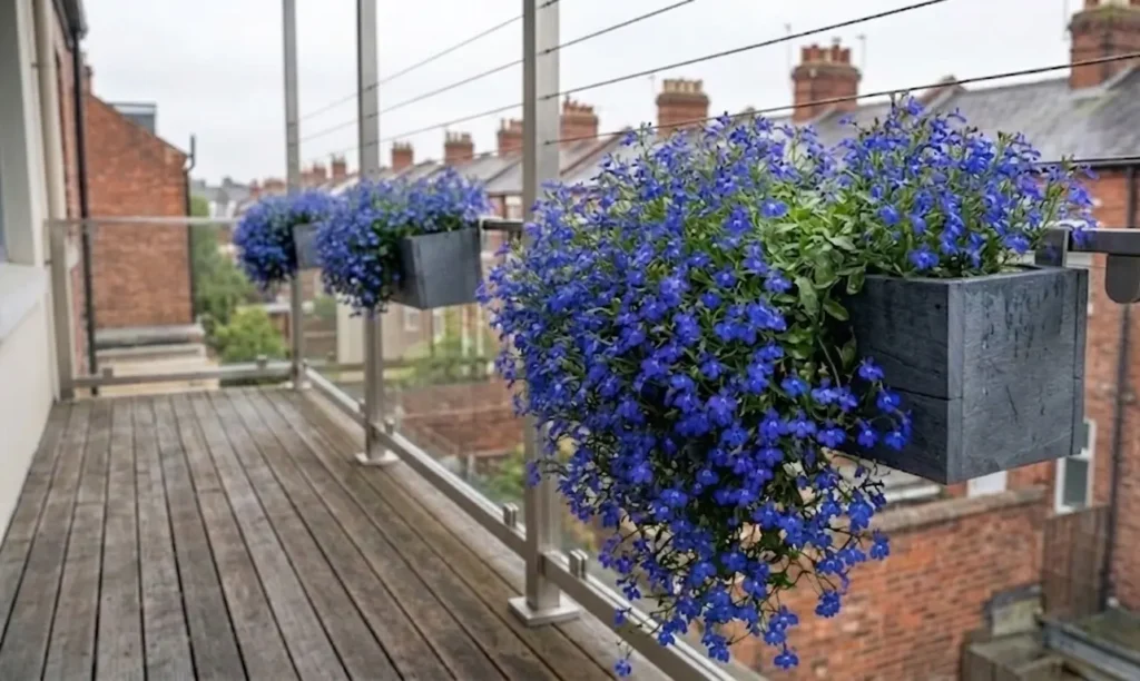 Intense blue Lobelia flowers cascading heavily from modern dark grey rectangular planters mounted on a glass and metal balcony railing.