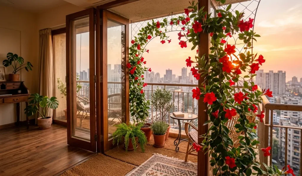 Full growth habit of Mandevilla 'Sun Parasol' vine with red flowers covering a tall trellis on a stylish balcony.