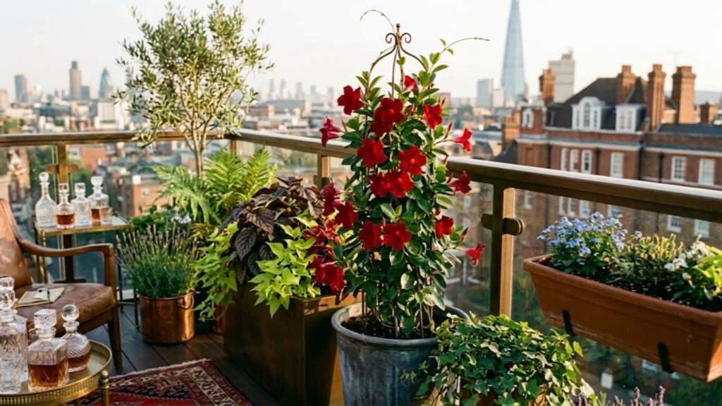 "Luxurious high-rise balcony garden in London at sunset with red Mandevilla flowers, potted plants, and a blurry city skyline background during golden hour."