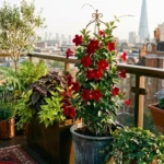 "Luxurious high-rise balcony garden in London at sunset with red Mandevilla flowers, potted plants, and a blurry city skyline background during golden hour."
