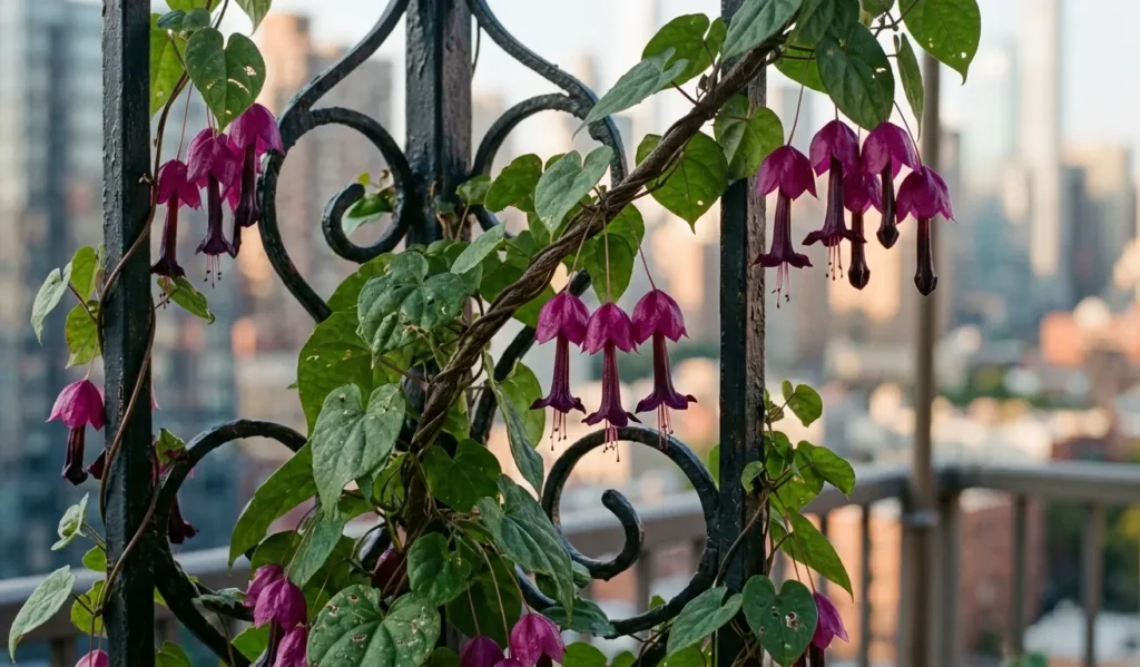 Exotic Mexican Shell Vine (Rhodochiton) with purple bell-shaped flowers climbing a black metal trellis at sunset.