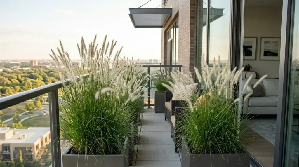Tall ornamental pampas grasses in rectangular planters creating a soft textured privacy barrier on a high-rise building balcony during sunset.
