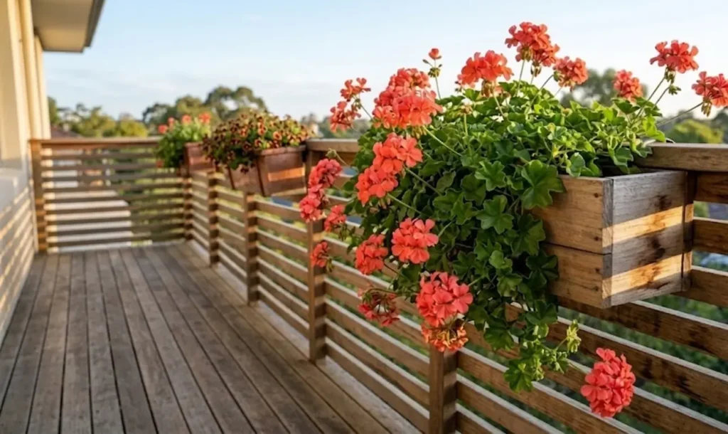 Bright red Pelargonium (Geranium) flowers with lush green leaves growing in rustic wooden planters on a modern slatted wood balcony during golden hour.
