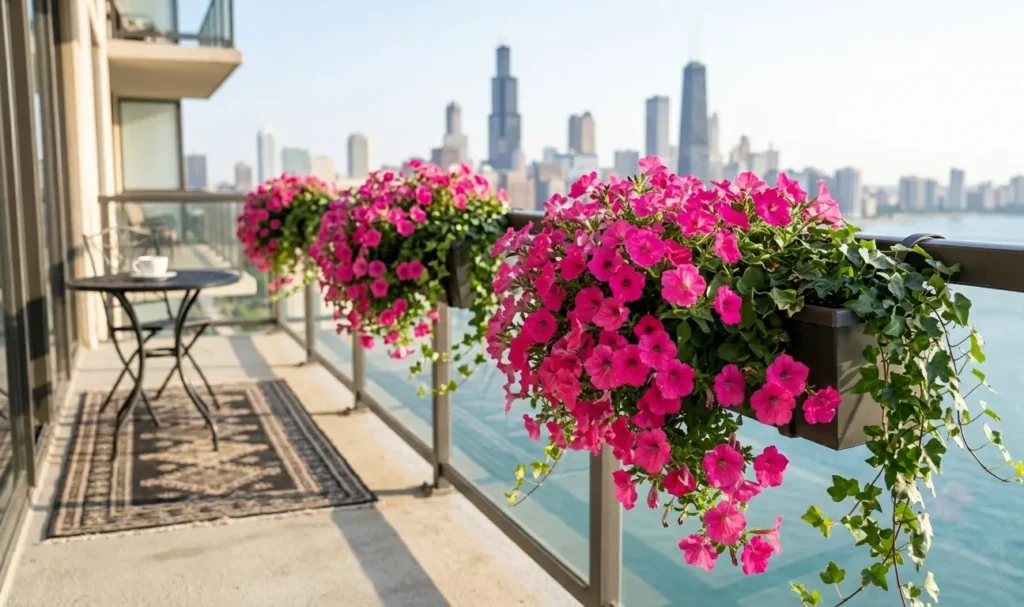 Stunning magenta Petunias and green Ivy trailing from black balcony planters with a high-rise city skyline and lake view in the background.