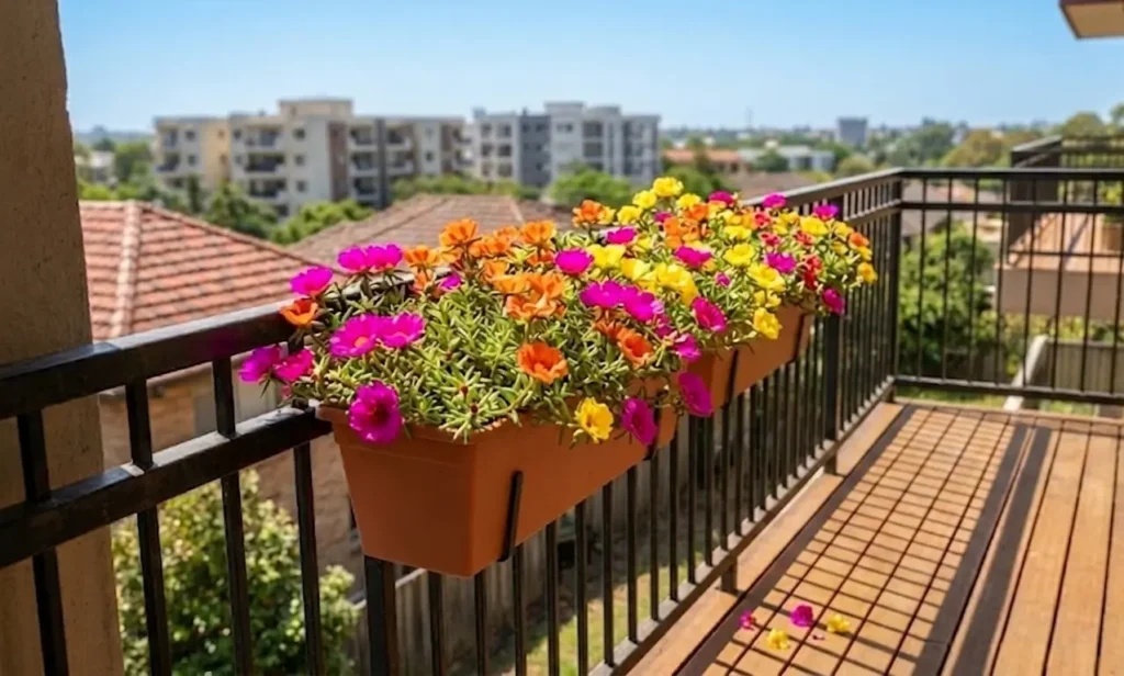 Colorful mix of pink, yellow, and orange Portulaca (Moss Rose) flowers cascading from terracotta-colored balcony planters under a bright blue sky.

