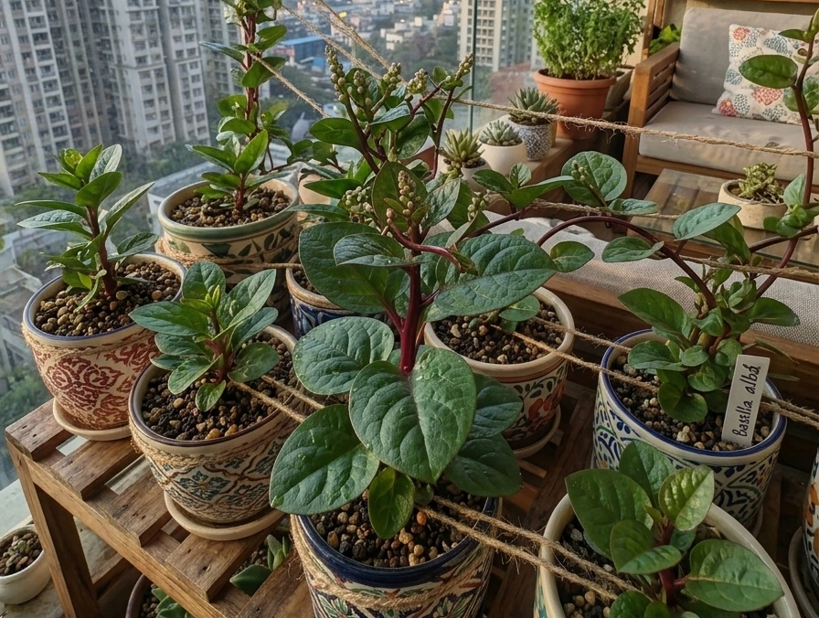 Lush green Malabar Spinach (Basella alba) plants in decorative ceramic pots with twine support on a high-rise balcony garden.
