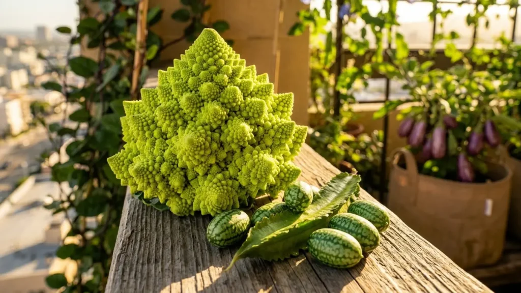 Macro shot of neon green Romanesco Broccoli, tiny Cucamelons, and a Winged Bean pod on a rustic wooden plank in a sun-drenched balcony garden.