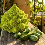 Macro shot of neon green Romanesco Broccoli, tiny Cucamelons, and a Winged Bean pod on a rustic wooden plank in a sun-drenched balcony garden.