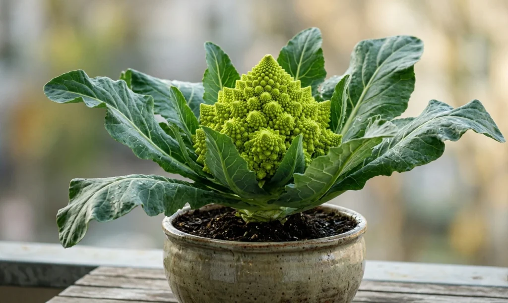 Stunning fractal-patterned Romanesco Broccoli plant growing in a ceramic pot as a center-piece of a balcony garden.