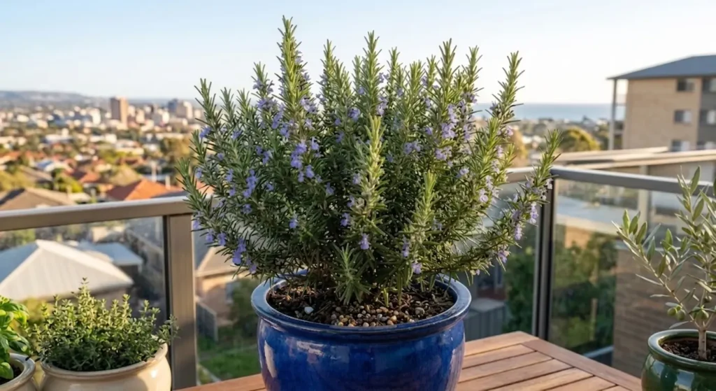 Fresh Rosemary herb plant with blue flowers in a blue ceramic pot on a city balcony.