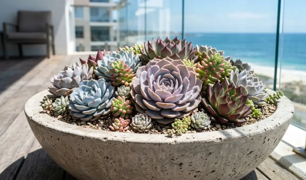 Mixed succulent arrangement in a large concrete bowl for modern apartment gardening.