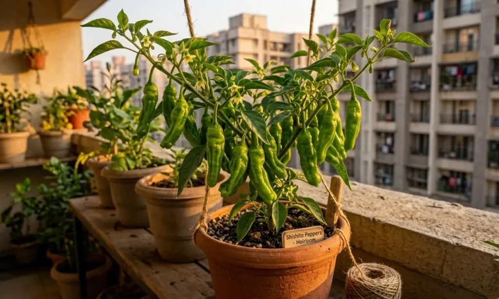 Prolific Shishito Pepper plant loaded with green heirloom peppers in a pot on a modern balcony garden.