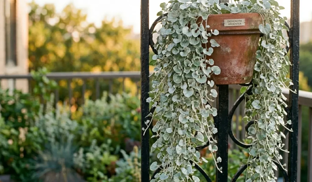 Shimmering Silver Falls (Dichondra Argentea) foliage cascading from a hanging pot on a hot summer balcony.