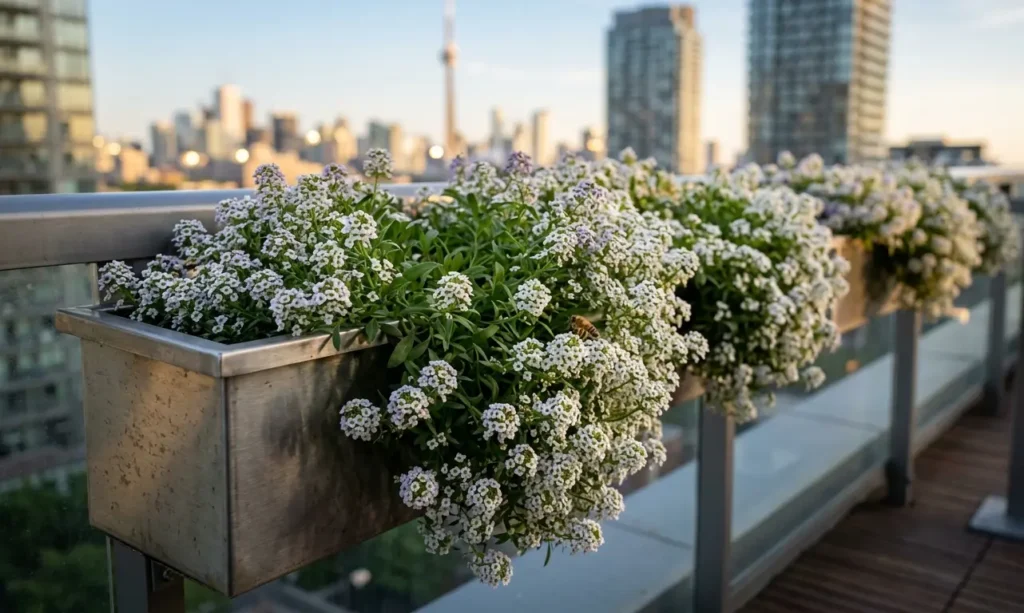 Fragrant white Sweet Alyssum flowers in sleek stainless steel planters on a rooftop terrace featuring a honeybee and a blurred city skyline background.