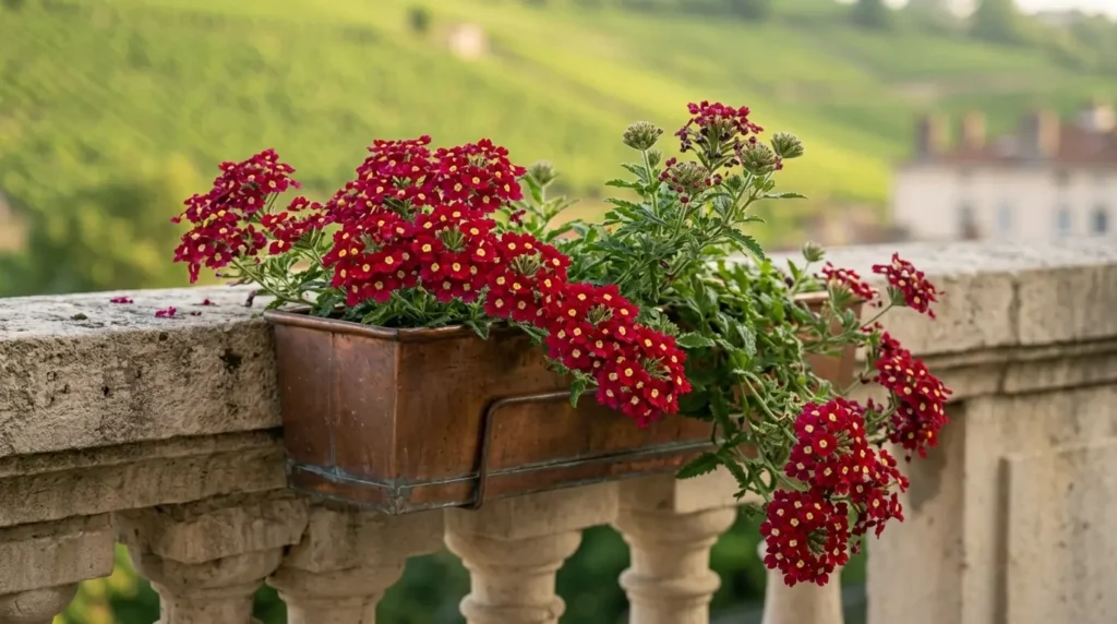 Vibrant red Verbena flowers with tiny yellow centers blooming in a copper planter box on a classic stone balustrade railing overlooking a blurred vineyard.