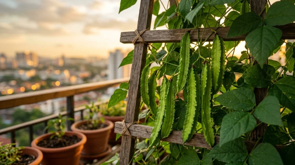 Fresh green Winged Beans (Asparagus Pea) hanging from a wooden trellis in a vertical balcony garden setup.