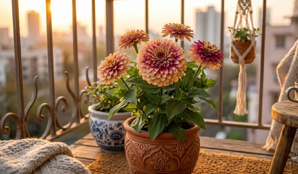 Vibrant Zinderella Zinnia flowers with crested pom-pom petals in a terracotta pot on a sunny west-facing balcony.