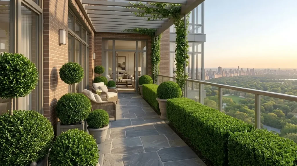 Neatly trimmed Boxwood topiary and hedges in decorative pots creating a formal European-style privacy border on a luxury terrace balcony.