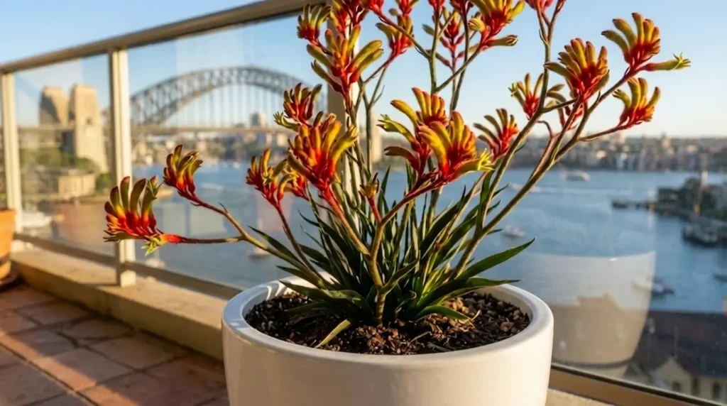 Red and yellow Kangaroo Paw Australian native plant in a white ceramic pot.