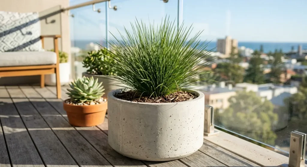 Lomandra Little Con native Australian grass in a modern grey balcony planter.